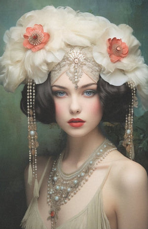 Lady valkoiset kukat hiuksissa art deco decoupage Frenchic. 