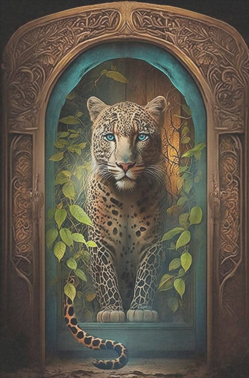 Leopard and turquoise window - individual decoupage art sheets