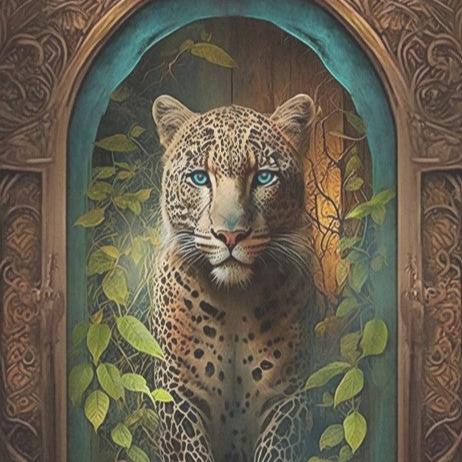 Leopard and turquoise window - individual decoupage art sheets