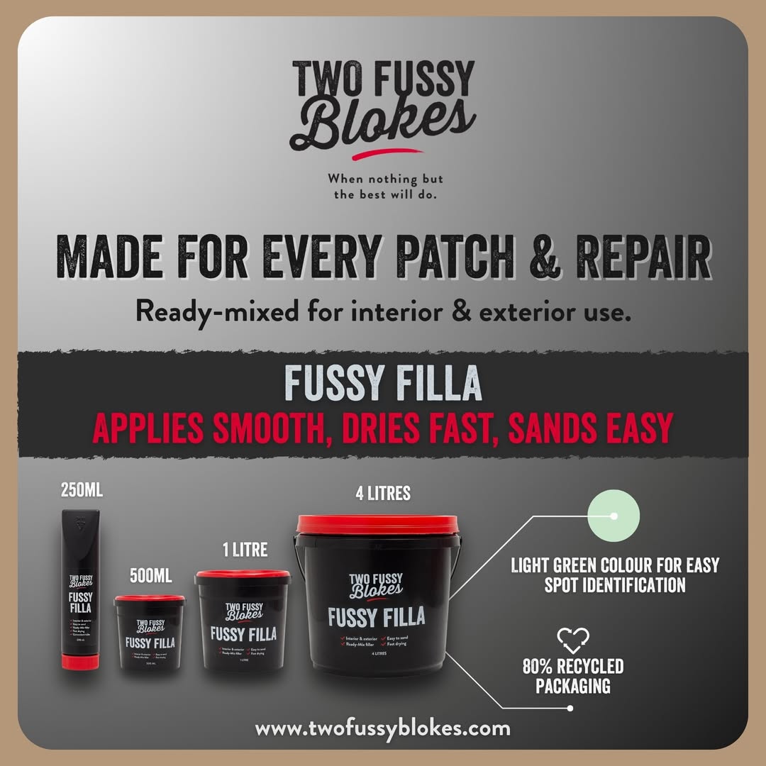 Fussy Filla on valmis täyteaine remonttiisi käytettäväksi heti purkista. Se on sileä levittää, helppo hioa ja tehty kaikenlaisiin paikkauksiin ja korjaustöihin, pieniin ja suuriin.