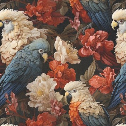 <h2>Papukaijat sinivalkoiset<br></h2> <h3>Degoupage-tekniikkaan ja mixed mediaan sopiva kuva.</h3>