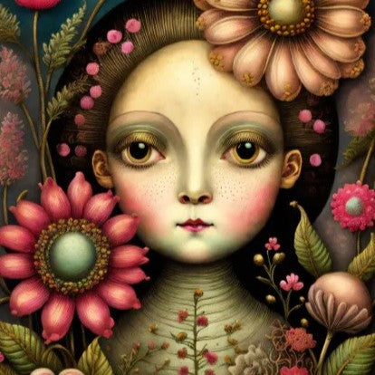 Tyttö ja teksti surrealistinen decoupage kuva 1.