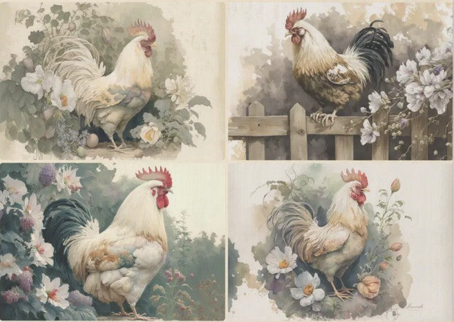 Kukko ja kukat - yksittäiset decoupage taidearkit Frenchic.