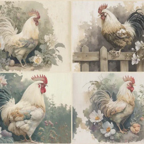 Kukko ja kukat - yksittäiset decoupage taidearkit Frenchic.