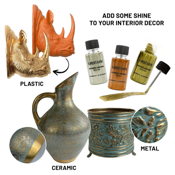Liquid Leaf Paint on kuin lehtikulta tai lehtihopea nestemäisessä muodossa. Et tarvitse erillistä liimaa, liiman kuivumisen odottelua tai ohuiden metalliarkkien kiinnittämistä. Saat kauniin metallinhohtoisen pinnan ilman lehtimetallin käsittelyssä syntyvää pölyä ja aikaa vieviä työvaiheita.