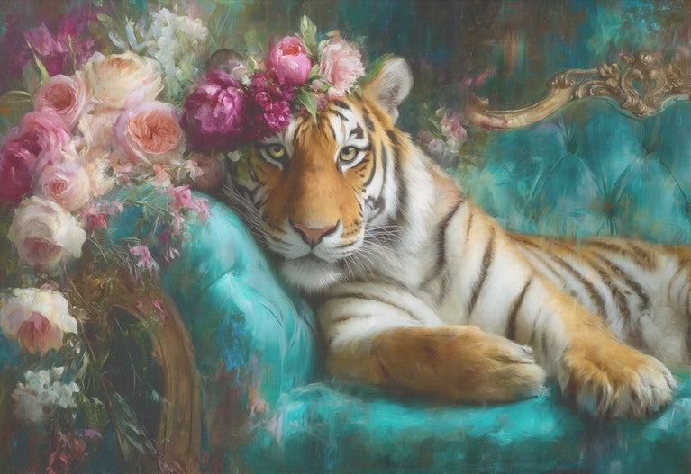 Tiikeri ja kukkakruunu - yksittäiset decoupage taidearkit Frenchic.