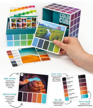 Colour Cuben käyttö on helppoa. Olipa kyseessä kodin värimaailman suunnittelu, huonekalujen maalaus, kodin sisustaminen, taide, kandas / neulonta, kakkujen koristelu, floristiikka, sisustussuunnittelu, arkitehtuuriprojekti tai jokin muu luova projekti, Colour Cube auttaa löytämään toimivat väriyhdistelmät ja rohkaisee kokeilemaan aivan uusia sävymaailmoja.
